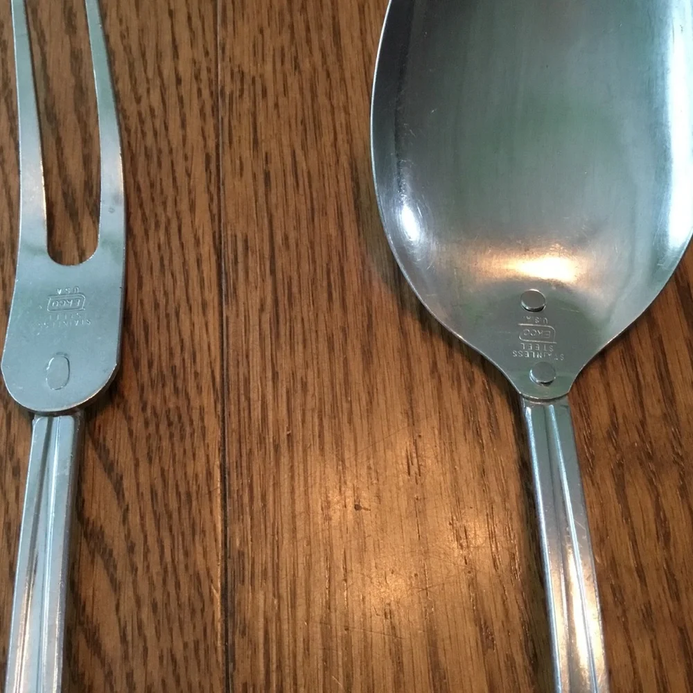Vintage EKCO Large Spoon Meat Fork set, Light wood look handles